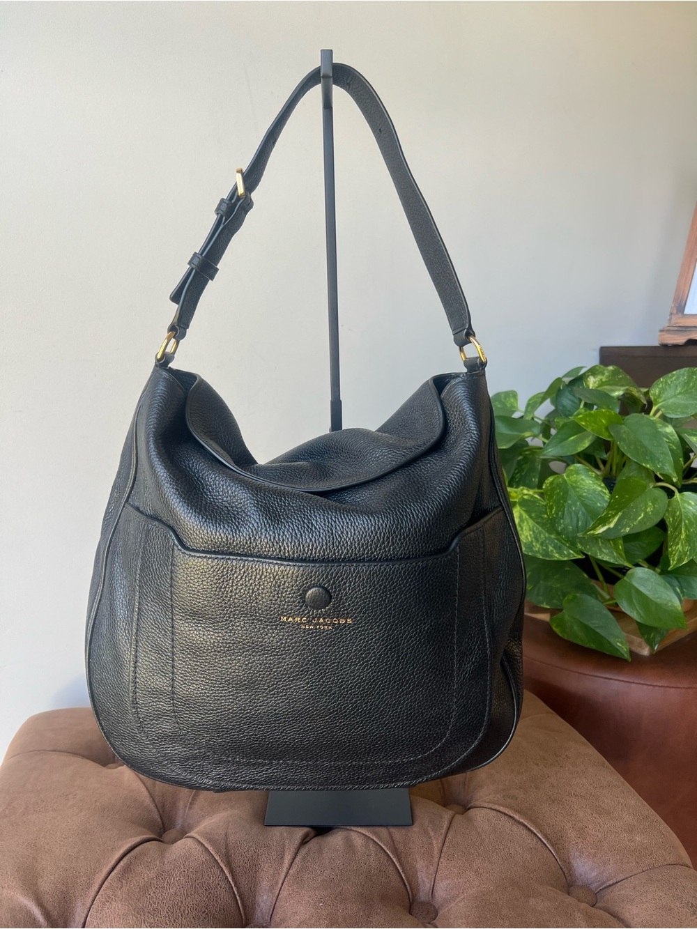 Marc Jacobs Black Pebbled Leather Shoulder Hobo with Gold-Tone Accents